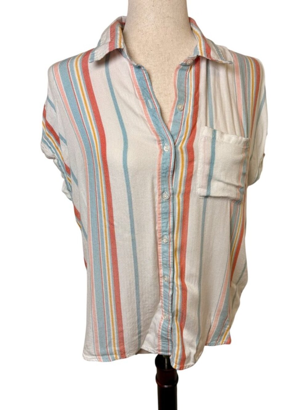 Cosmic Blue Love White Blue Red Striped Button Down Shirt Medium